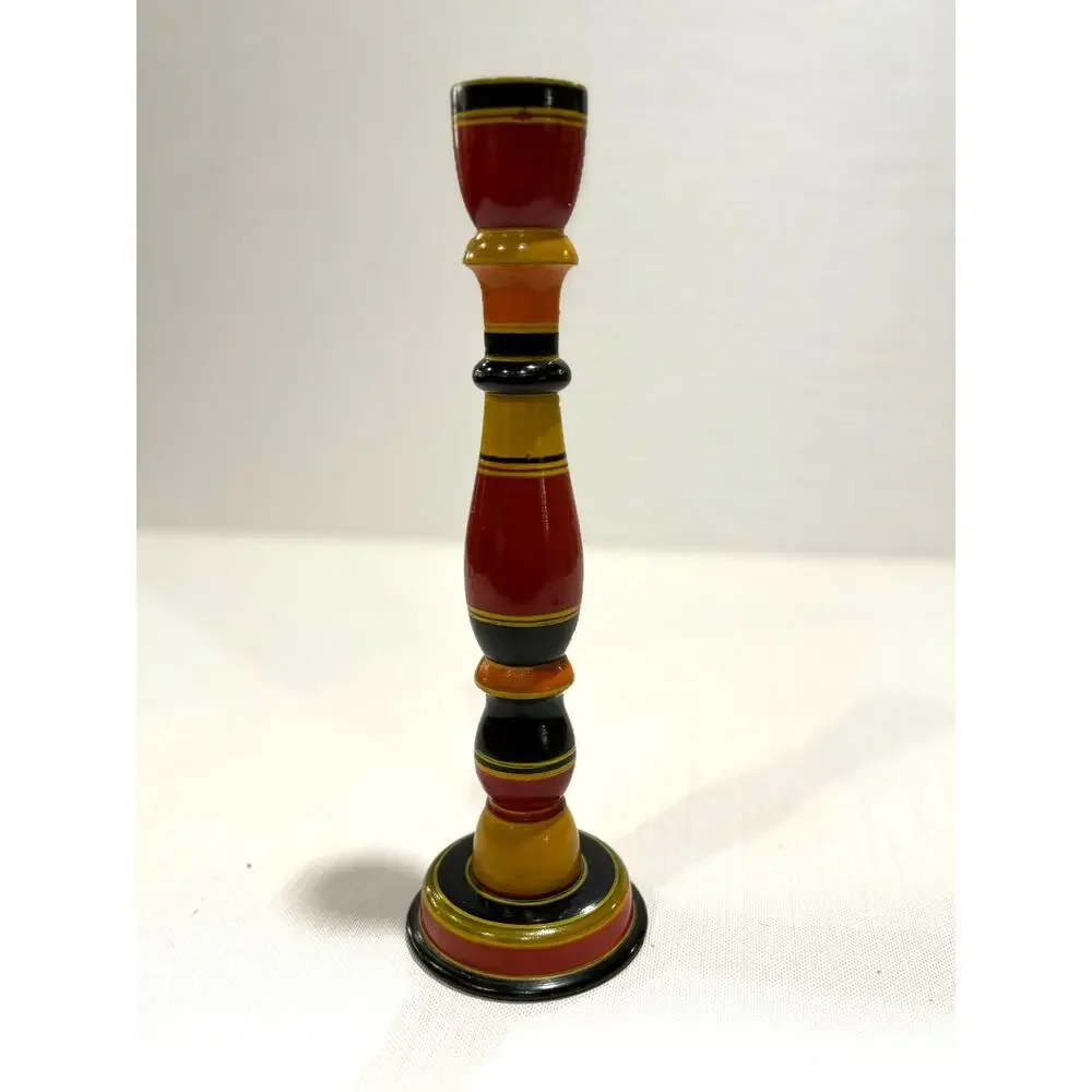 Wooden Folk Art striped candlestick red yellow black orange vintage hand painted